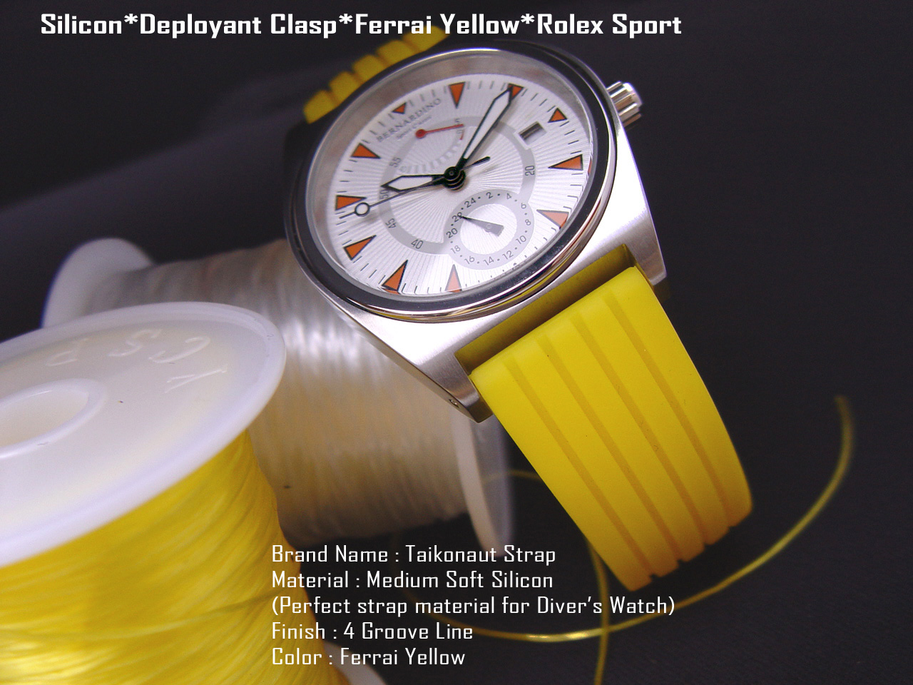 20mm Ferrari Yellow Medium Soft Silicone Black 4 Groove Line Sport Watch Band