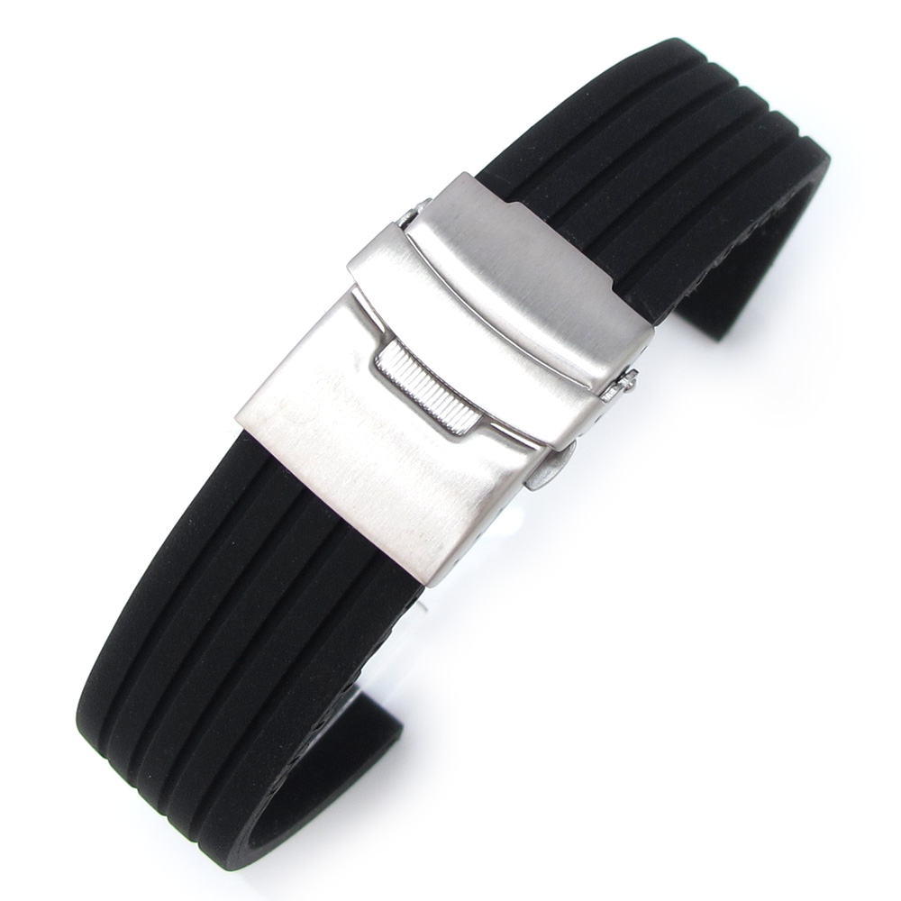 22mm Medium Soft Silicone Black 4 Groove Line Sport Watch Band