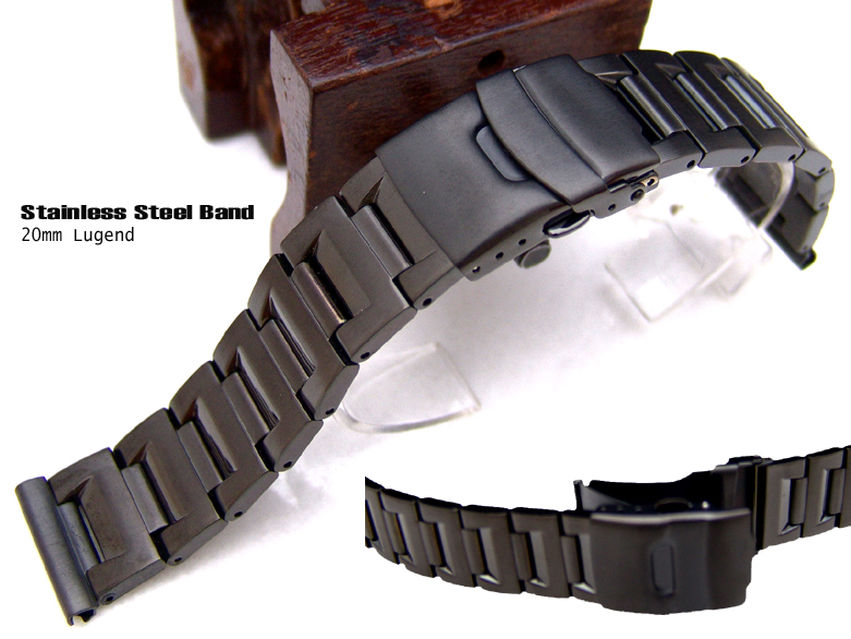 (TAT-SS20-226S) 20mm ion Black Brushed Stainless Steel Solid Divers Clasp Band