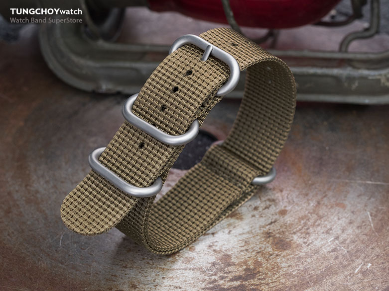 MiLTAT 24mm 3 Rings Zulu military watch strap 3D woven nylon armband - Khaki, Brushed Hardware